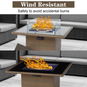 Kinsunny Outdoor Square Propane Gas Fire Pit Table, 30" Fire Pit Table Brown Firepits for Outside Patio with Cover,Blue Fire Glass