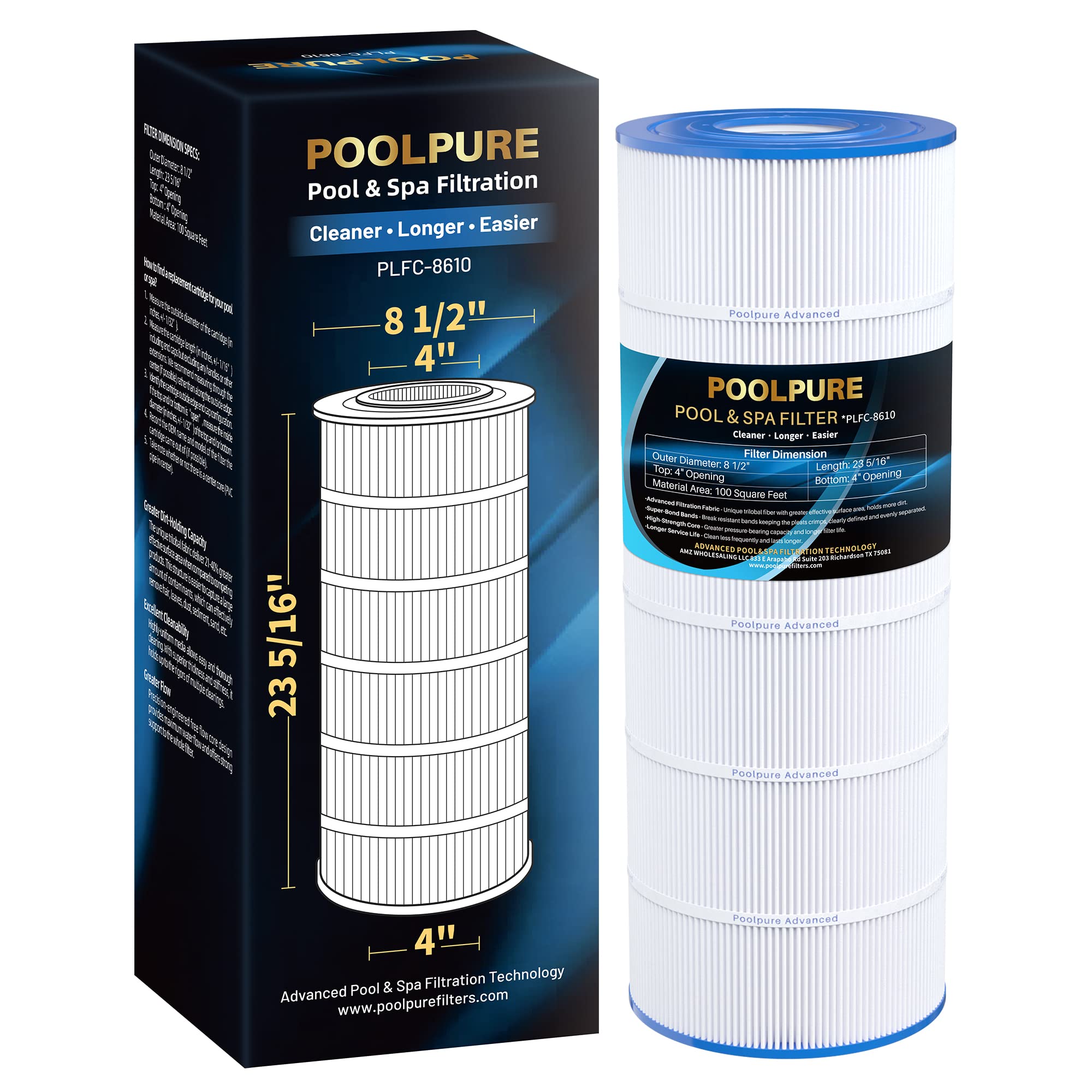 POOLPURE PLFC-8610 Pool Filter Replaces PA100, Ultral-D1, Unicel C-8610, C-7487, Filbur FC-1290, Hayward CX1100-RE, Hayward c1100, 100 Sq.ft Filter Cartridge 1PACK