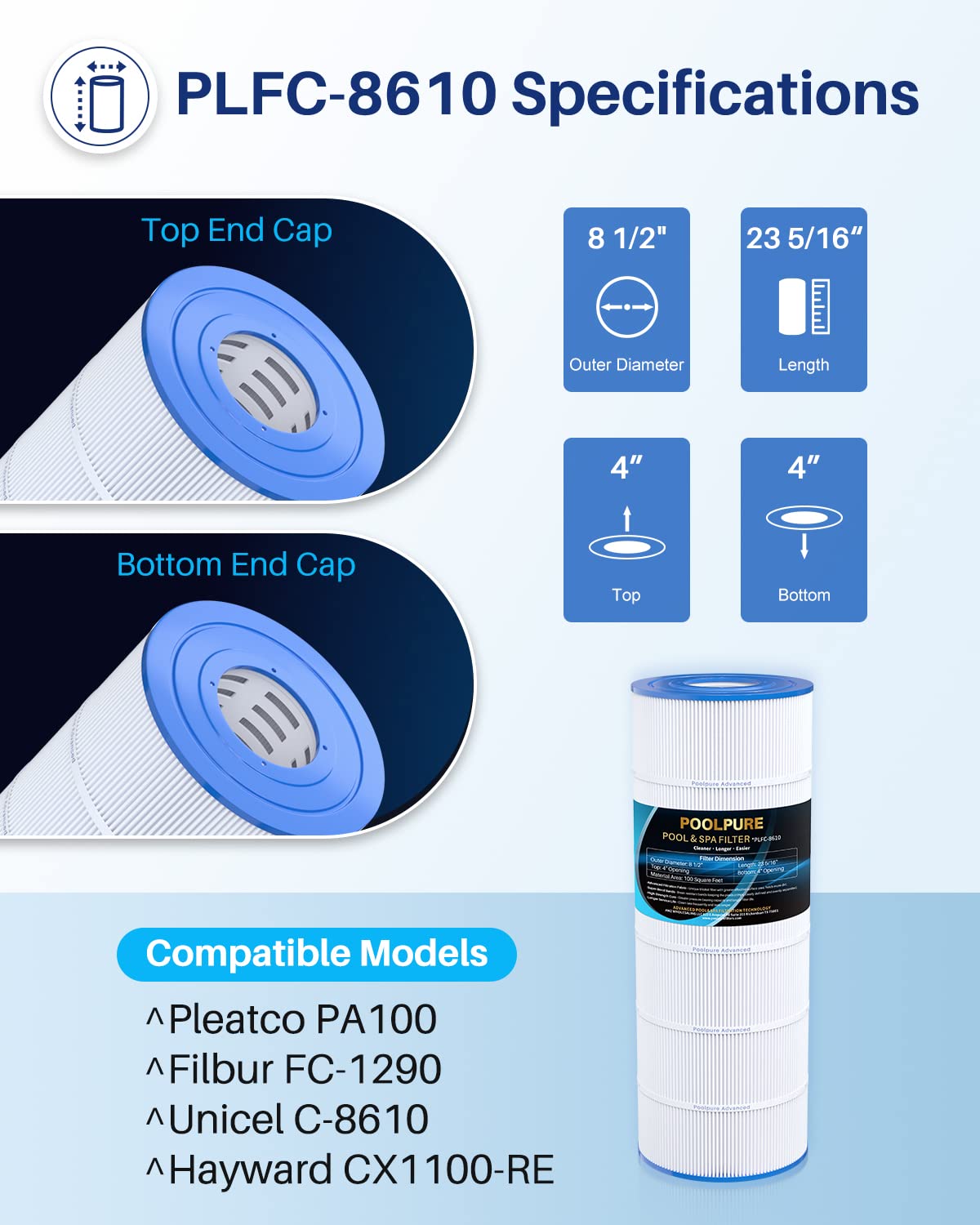 POOLPURE PLFC-8610 Pool Filter Replaces PA100, Ultral-D1, Unicel C-8610, C-7487, Filbur FC-1290, Hayward CX1100-RE, Hayward c1100, 100 Sq.ft Filter Cartridge 1PACK