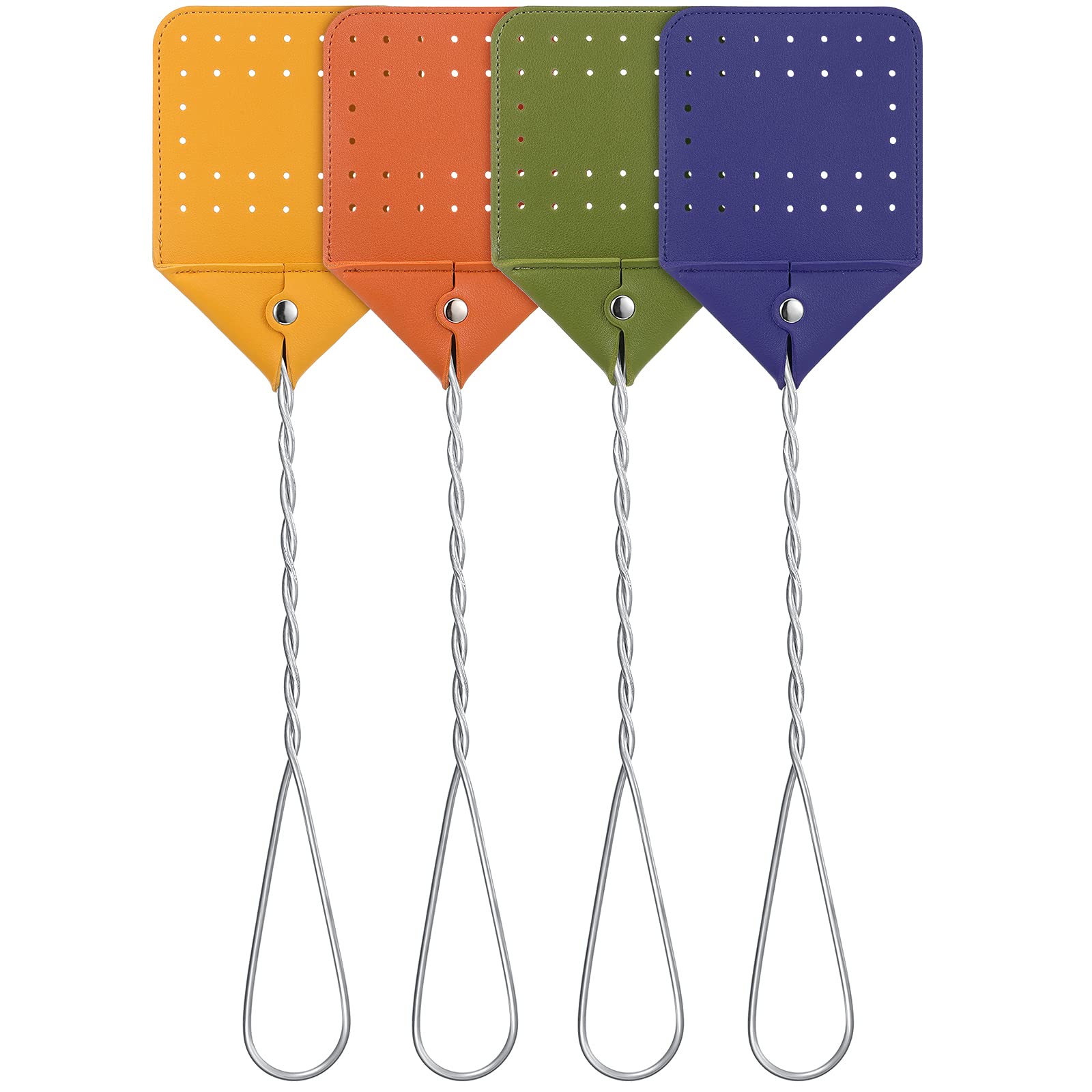 4 Pieces Leather Fly Swatter Long Handle Manual Swat Metal Handle Flyswatter Colorful Rustic Fly Swatter for Kitchen Home Indoor Outdoor, 4 Colors(Orange, Green, Yellow, Purple)