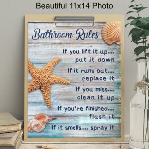 Nautical Rustic Bathroom Decor - LARGE 11x14 - Coastal Beach House Bathroom Rules Wall Art - Starfish, Seashells Restroom Sign, Bath Art - Ocean, Sea House Powder Room Art - Shabby Chic Gift