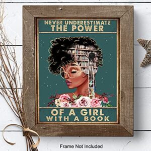 African American Classroom Decor - LARGE 11x14 - Never Underestimate a Girl With a Book Wall Art - African American Girl, Women - Inspirational Motivational Poster - Positive Quotes - Black Art