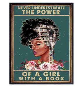 african american classroom decor - large 11x14 - never underestimate a girl with a book wall art - african american girl, women - inspirational motivational poster - positive quotes - black art