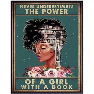 African American Classroom Decor - LARGE 11x14 - Never Underestimate a Girl With a Book Wall Art - African American Girl, Women - Inspirational Motivational Poster - Positive Quotes - Black Art