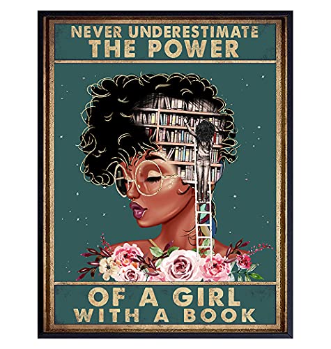 African American Classroom Decor - LARGE 11x14 - Never Underestimate a Girl With a Book Wall Art - African American Girl, Women - Inspirational Motivational Poster - Positive Quotes - Black Art