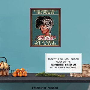 African American Classroom Decor - LARGE 11x14 - Never Underestimate a Girl With a Book Wall Art - African American Girl, Women - Inspirational Motivational Poster - Positive Quotes - Black Art