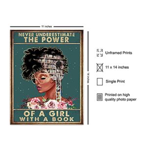 African American Classroom Decor - LARGE 11x14 - Never Underestimate a Girl With a Book Wall Art - African American Girl, Women - Inspirational Motivational Poster - Positive Quotes - Black Art