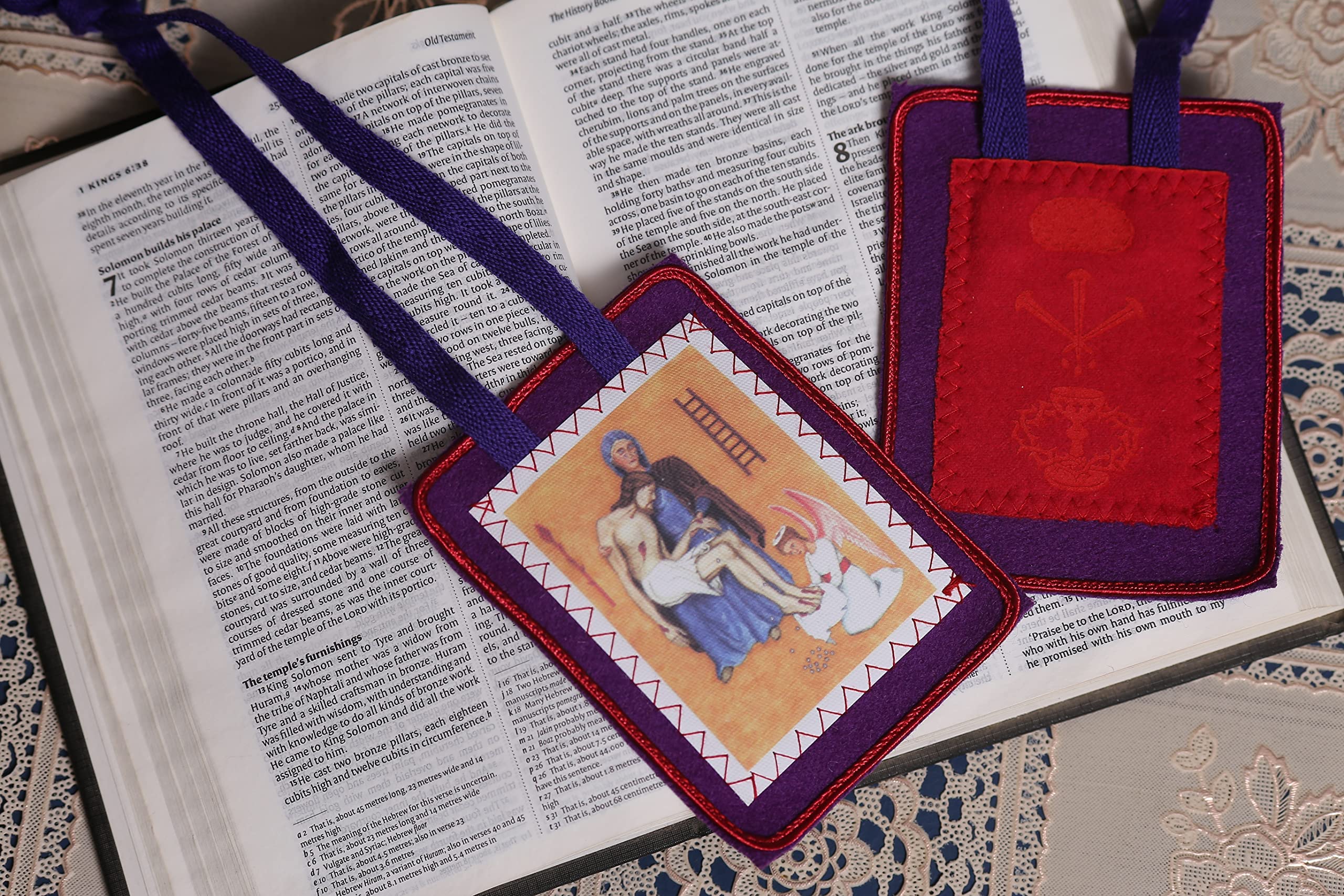 Wool Scapulars Catholic - Purple Scapular of Benediction and Protection - Scapular of Marie Julie Jahenny - Scapulars Catholic Necklace - Escapularios Catolicos Purple Scapular