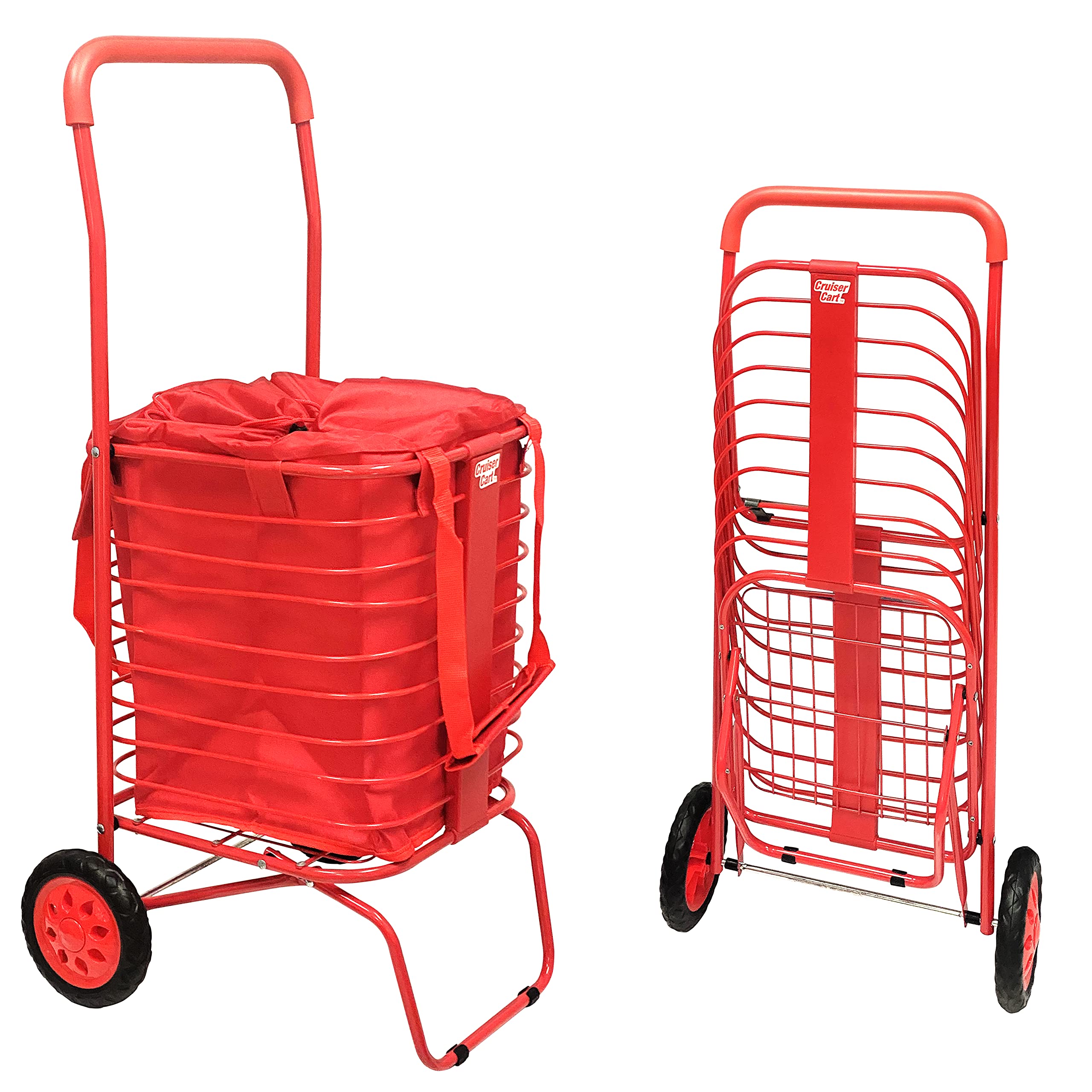 dbest products Cruiser Cart Flex Shopping Bag Cover Grocery Rolling Folding Laundry Basket on Wheels Foldable Utility Trolley Compact Lightweight Collapsible, Red