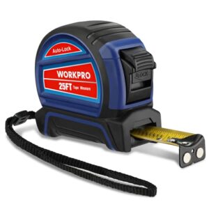 workpro auto-lock tape measure 25 ft, tape measure with fractions every 1/8" and 1/32" accuracy, quick read, nylon coated with magnetic hook, shock-resistant case and belt clip
