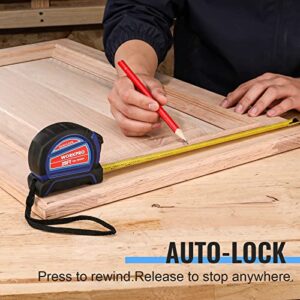 WORKPRO Auto-Lock Tape Measure 25 FT, Tape Measure with Fractions Every 1/8" and 1/32" Accuracy, Quick Read, Nylon Coated with Magnetic Hook, Shock-Resistant Case and Belt Clip