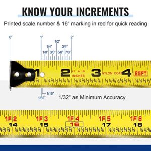 WORKPRO Auto-Lock Tape Measure 25 FT, Tape Measure with Fractions Every 1/8" and 1/32" Accuracy, Quick Read, Nylon Coated with Magnetic Hook, Shock-Resistant Case and Belt Clip