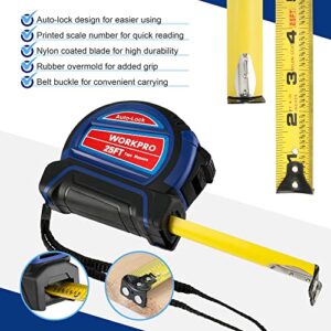 WORKPRO Auto-Lock Tape Measure 25 FT, Tape Measure with Fractions Every 1/8" and 1/32" Accuracy, Quick Read, Nylon Coated with Magnetic Hook, Shock-Resistant Case and Belt Clip