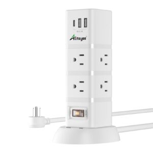 alitayee power strip tower, tower surge protector power strip with 6 ac outlets and 3 usb ports, vertical power strip with switch, flat plug and 6ft extension cord for home office café shop dorm 1080j