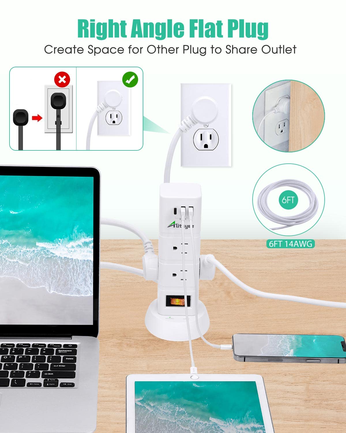 Alitayee Power Strip Tower, Tower Surge Protector Power Strip with 6 AC Outlets and 3 USB ports, Vertical Power Strip with Switch, Flat Plug and 6ft Extension Cord for Home Office Café Shop Dorm 1080J