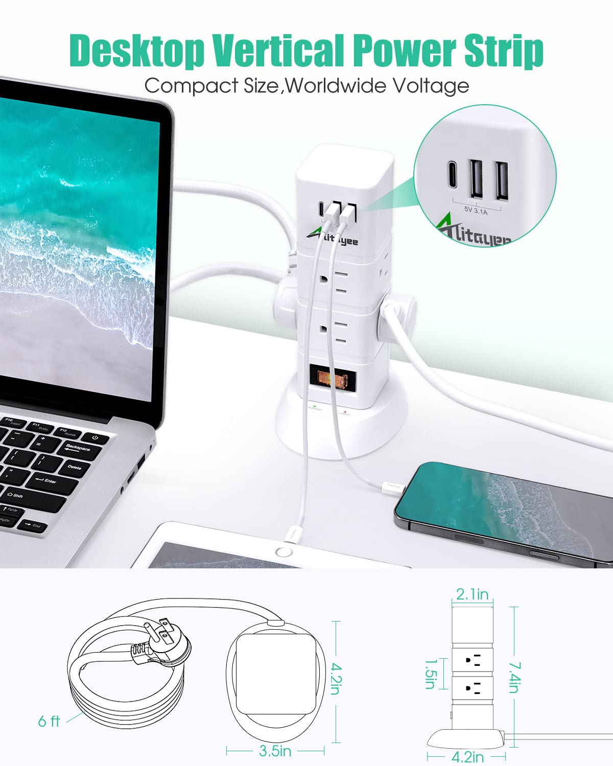 Alitayee Power Strip Tower, Tower Surge Protector Power Strip with 6 AC Outlets and 3 USB ports, Vertical Power Strip with Switch, Flat Plug and 6ft Extension Cord for Home Office Café Shop Dorm 1080J