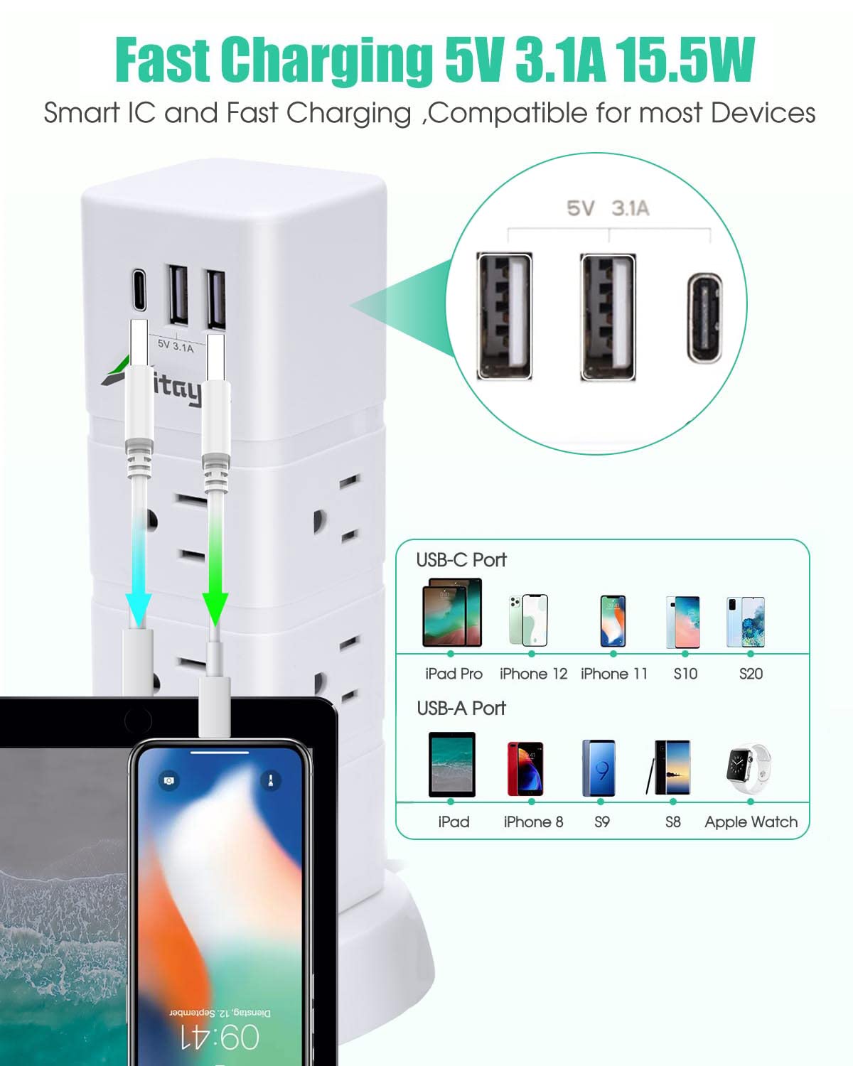 Alitayee Power Strip Tower, Tower Surge Protector Power Strip with 6 AC Outlets and 3 USB ports, Vertical Power Strip with Switch, Flat Plug and 6ft Extension Cord for Home Office Café Shop Dorm 1080J