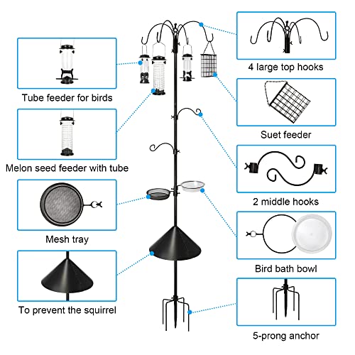 Ointo Garden 6-Hook Bird Feeding Station Kit，Bird Feeder Pole Feeder Hanging Kit & Bird Bath for Attracting Wild Birds with Squirrel Proof Baffle Guard