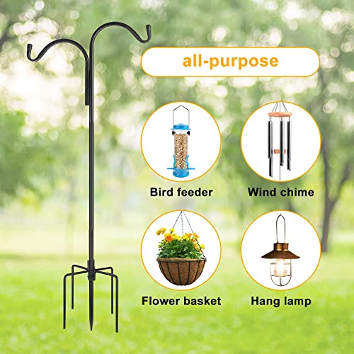 MIXXIDEA Double Shepherds Hook 91 Inch, Bird Feeder Pole with 5 Prong Base, 3/5 Thick Adjustable Hook for Hanging Bird Feeders, Plant Basket, Solar Lights Lantern, Weddings Decor (Black 2 Pack)