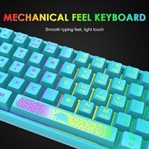 60% Gaming Keyboard and Mouse Combo Rainbow LED Backlit Keyboard with 61 Keys Membrane Mini Portable Ergonomic Design Ultralight Gaming Mouse 6400 DPI,Gaming Mouse Pad for Windows PC Gamers(Blue)