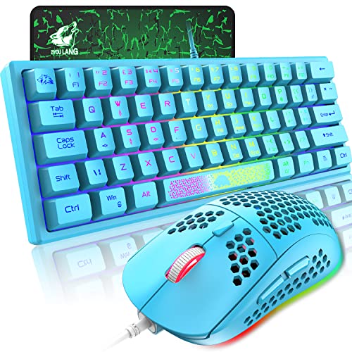 60% Gaming Keyboard and Mouse Combo Rainbow LED Backlit Keyboard with 61 Keys Membrane Mini Portable Ergonomic Design Ultralight Gaming Mouse 6400 DPI,Gaming Mouse Pad for Windows PC Gamers(Blue)