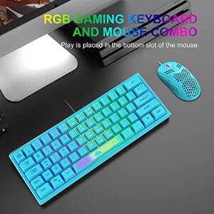 60% Gaming Keyboard and Mouse Combo Rainbow LED Backlit Keyboard with 61 Keys Membrane Mini Portable Ergonomic Design Ultralight Gaming Mouse 6400 DPI,Gaming Mouse Pad for Windows PC Gamers(Blue)