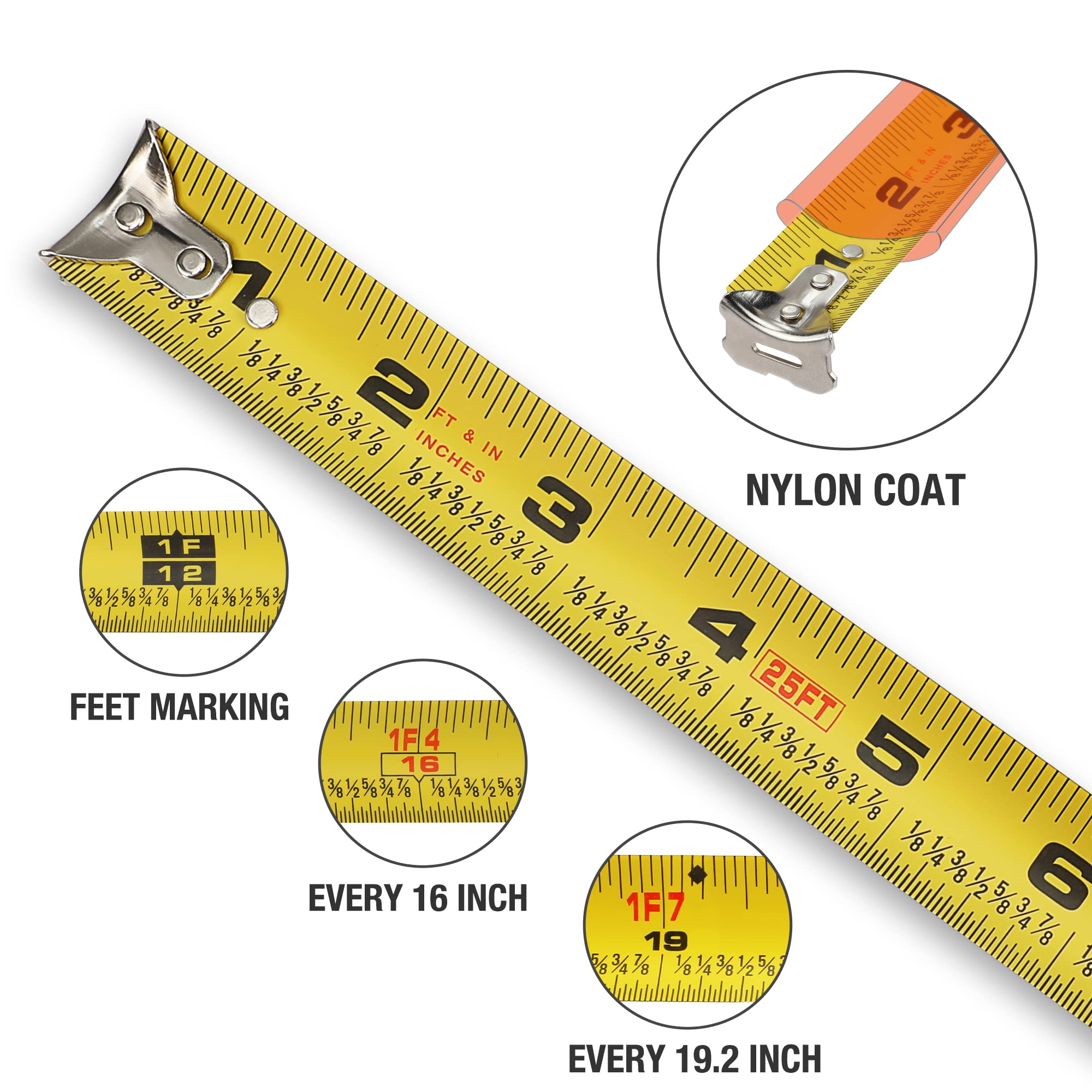 ValueMax Tape Measure 25FT with Fractions 1/8, 3 Pack Retractable Easy Read Measuring Tape, Imperial Measurement Tape with Metal Belt Clip for Construction, Contractor, Carpenter, Woodworking