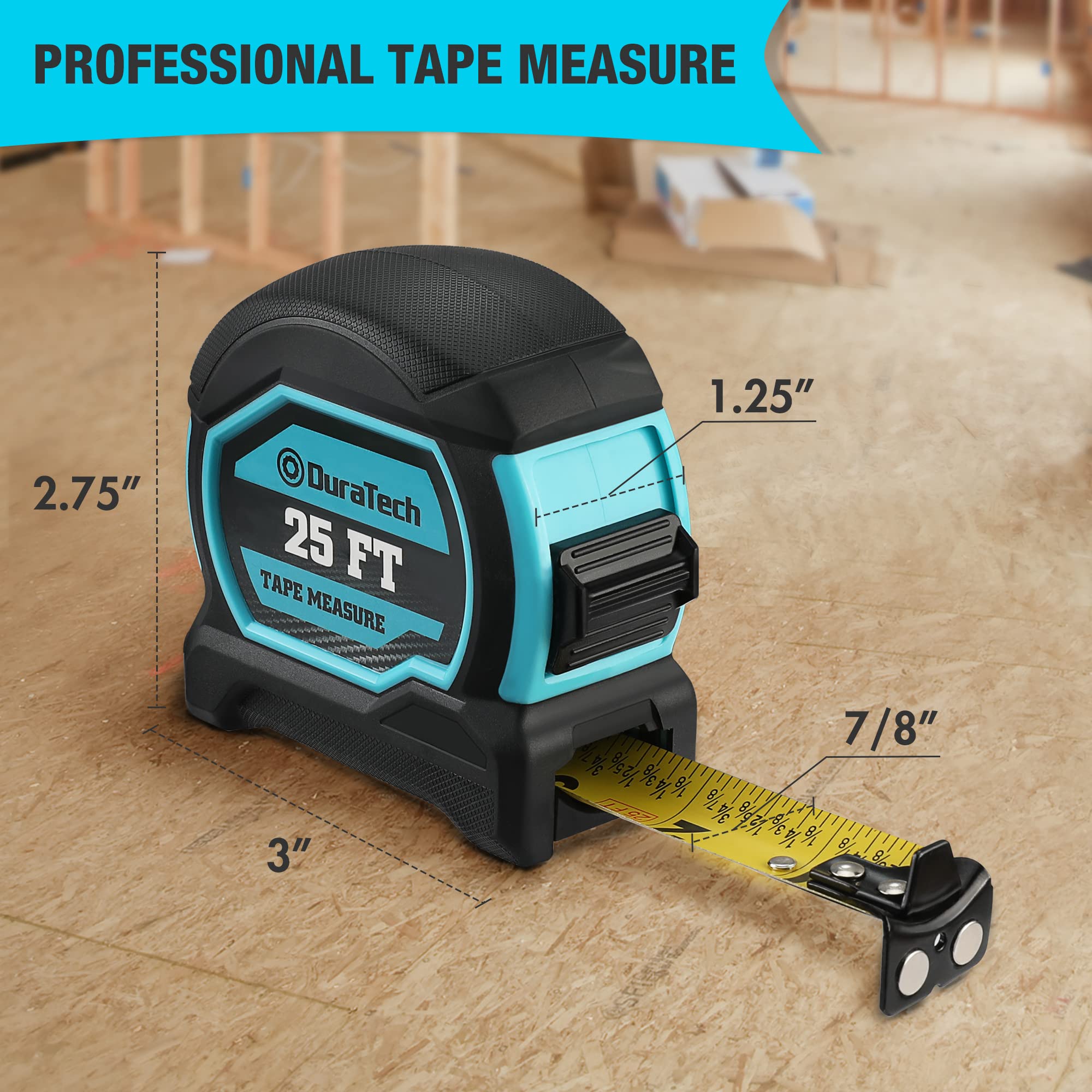 DURATECH Magnetic Tape Measure 25FT with Fractions 1/8, Retractable Measuring Tape, Easy to Read Both Side Measurement Tape, Magnetic Hook and Shock Absorbent Case for Construction, Carpenter