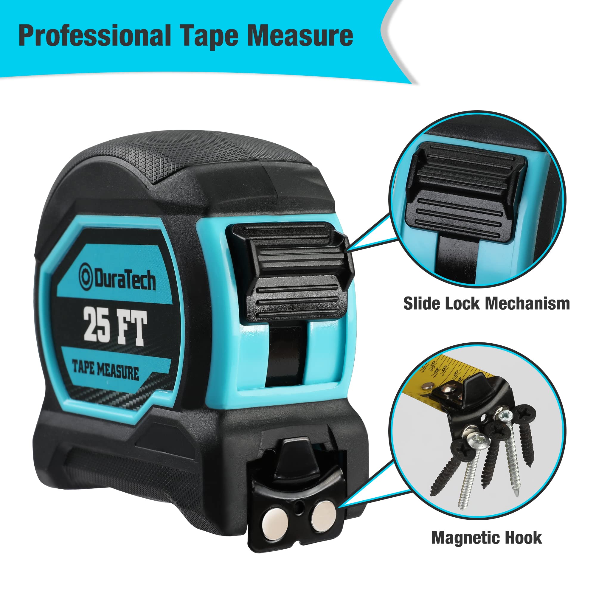 DURATECH Magnetic Tape Measure 25FT with Fractions 1/8, Retractable Measuring Tape, Easy to Read Both Side Measurement Tape, Magnetic Hook and Shock Absorbent Case for Construction, Carpenter