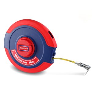 workpro 100 ft tape measure, closed reel steel long tape with foldable handle, nylon coated, plastic and rubber case