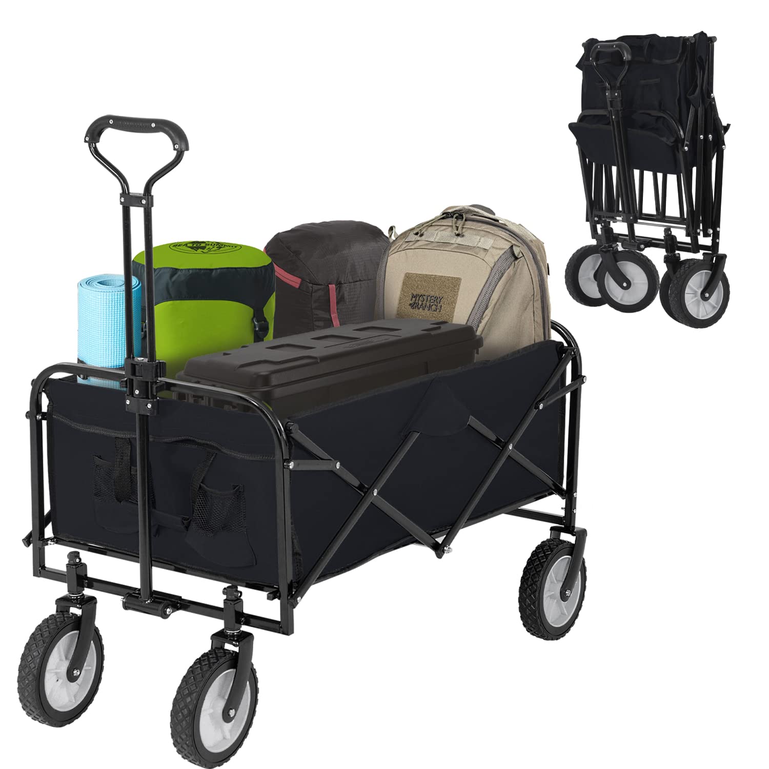 Collapsible Folding Wagon Garden Cart Beach Wagon Grocery Wagon All-Terrain Wheels Garden Grocery Wagon (Black)