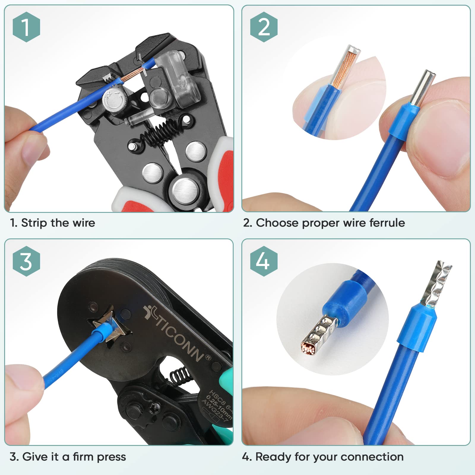 TICONN Ferrule Crimping Tool Kit with 1200PCS Ferrules Insulated Wire Terminals, Self-adjustable Ratchet Wire Crimper for AWG 23–7 Electrical Wire Connectors