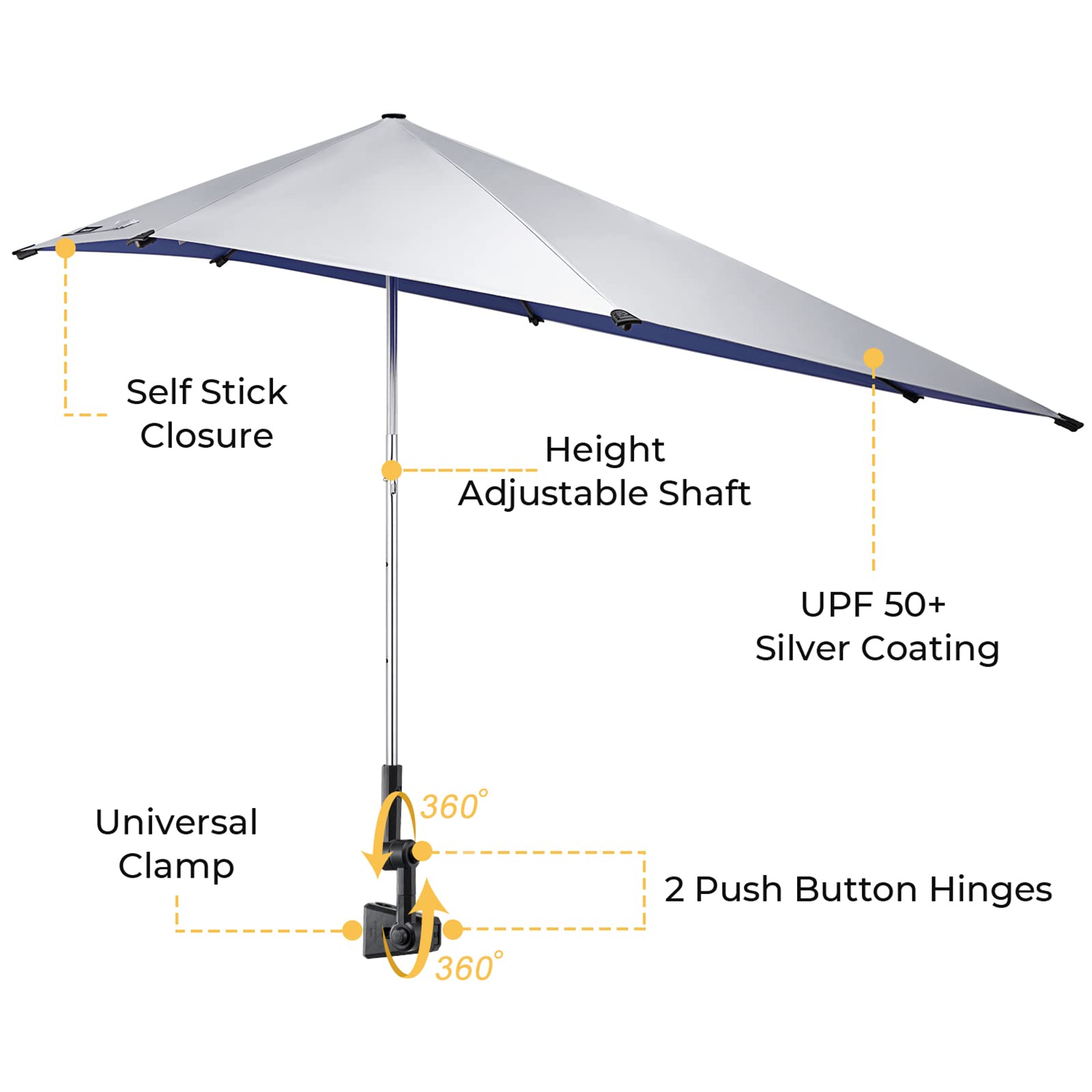 G4Free UPF 50+ Height Adjustable Chair Umbrella with Universal Clamp for Beach Chair, Golf Cart, Wheelchair, Stroller, Bleacher, Patio (Blue)