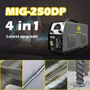 HZXVOGEN MIG Welder 110V/220V 250Amp Dual Voltage Aluminum 4 IN 1 Welding Machine IGBT Lift Tig Gas Gasless Stick Arc MMA Welding Machine No Gas Self- shielded Home Use Factory Machine (MIG250DP)