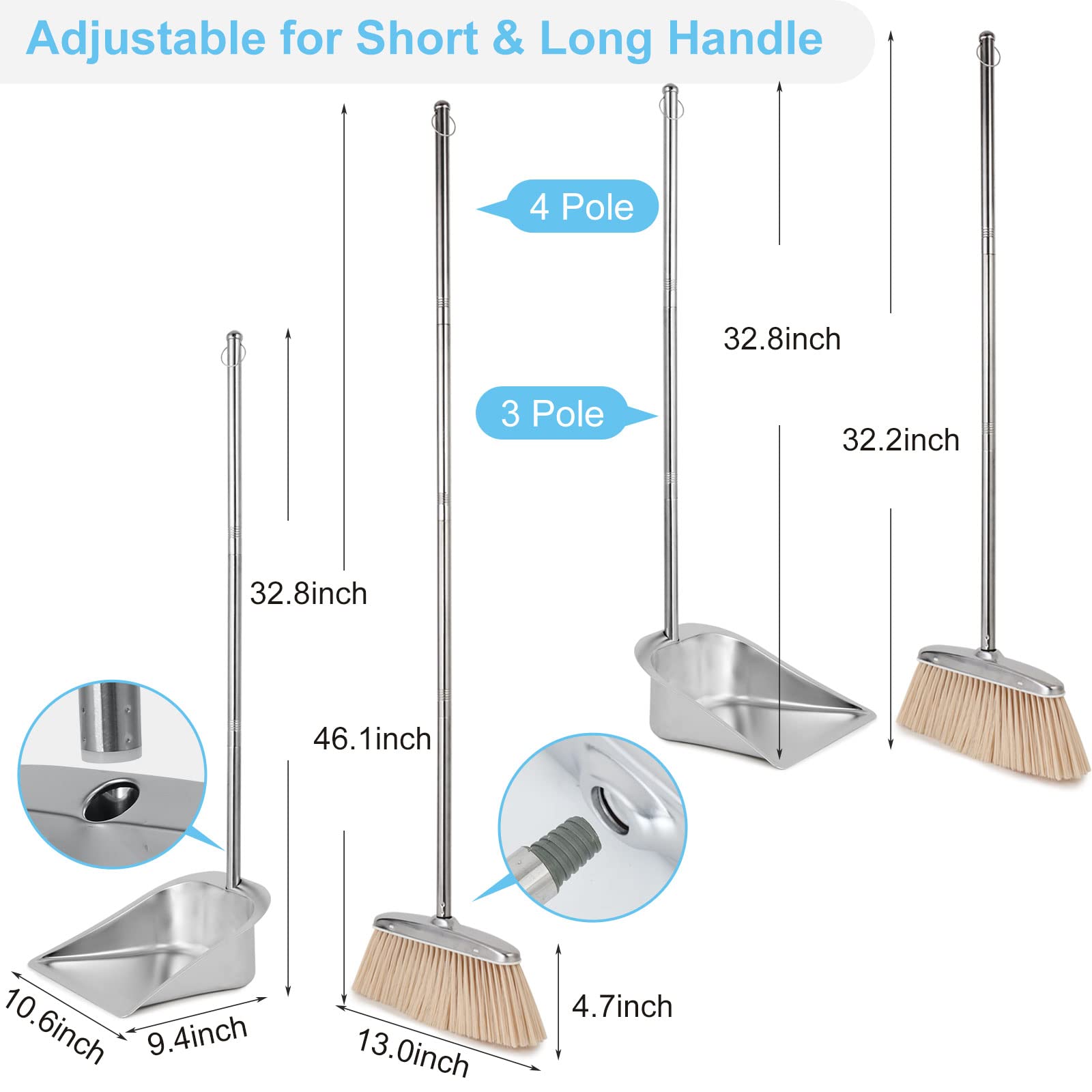 VOOWO Broom and Dustpan Set for Home, Stainless Steel Broom and Dustpan Set with Long Handle, Heavy Duty Dustpan Broom Set Standing Dust Pan Kitchen and Home Indoor Outdoor Broom