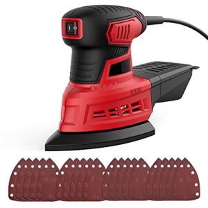 sander tool, 200w electric hand sander for wood & metal, 12500 rpm palm detail sander, random orbit sanders with 20 pcs sanding paper, vacuum dust collection box, for plywood, paint dry walls