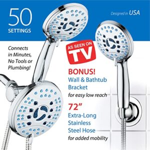 AquaCare AS-SEEN-ON-TV High Pressure 50-mode Rain & Handheld 3-way Shower Head Combo - Anti-clog Nozzles/Tub, Tile & Pet Power Wash/Extra Long 6 ft. Stainless Steel Hose/All Chrome Finish