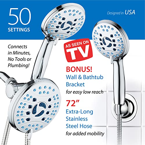 AquaCare AS-SEEN-ON-TV High Pressure 50-mode Rain & Handheld 3-way Shower Head Combo - Anti-clog Nozzles/Tub, Tile & Pet Power Wash/Extra Long 6 ft. Stainless Steel Hose/All Chrome Finish