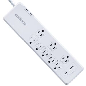 echogear powerblitz surge protector power strip with usb-a & usb-c ports - low profile design with braided 6' cord, flat plug & 2160 joules of multi outlet surge protection - white