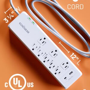 ECHOGEAR PowerBlitz Surge Protector Power Strip with USB-A & USB-C Ports - Low Profile Design with Braided 6' Cord, Flat Plug & 2160 Joules of Multi Outlet Surge Protection - White