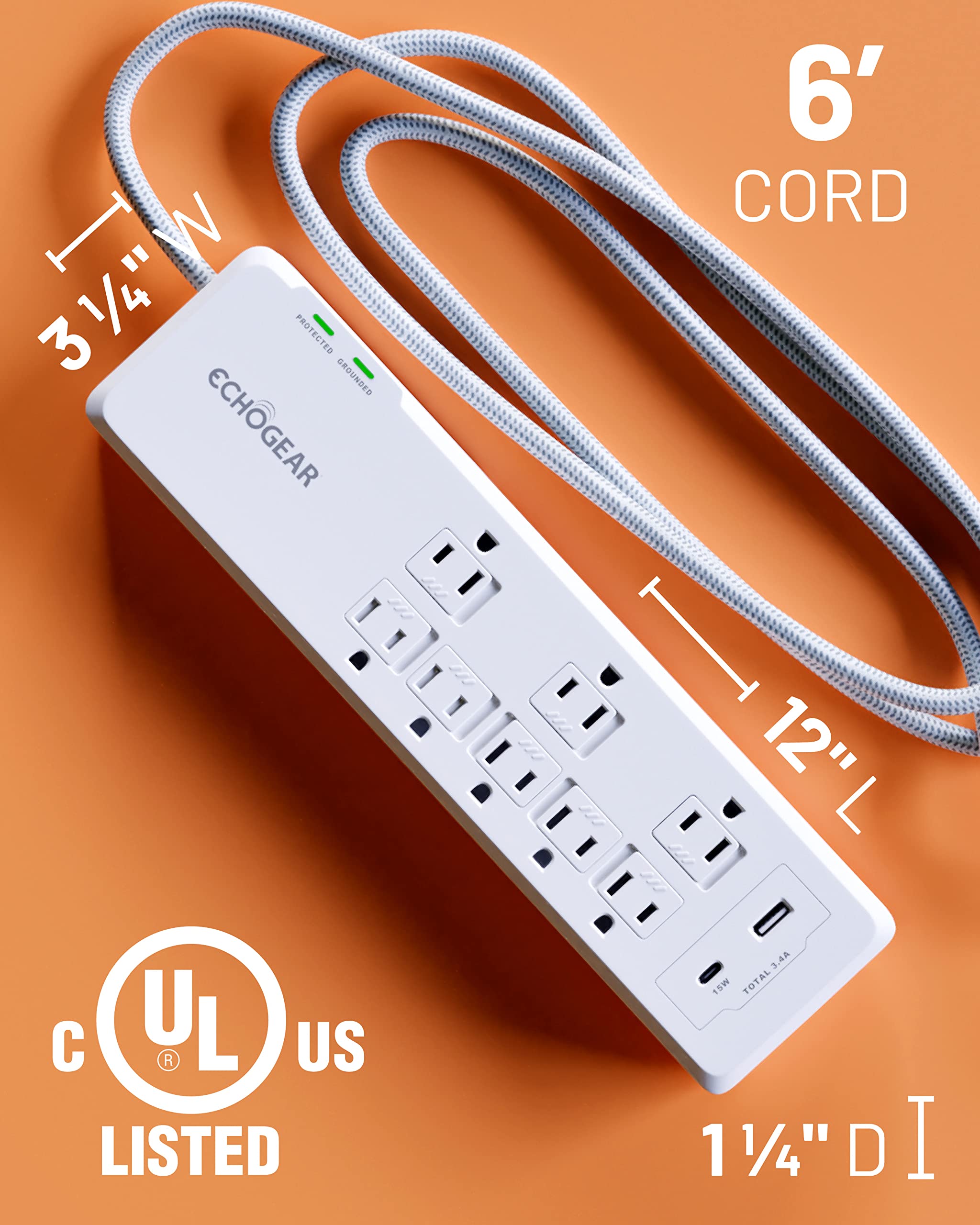 ECHOGEAR PowerBlitz Surge Protector Power Strip with USB-A & USB-C Ports - Low Profile Design with Braided 6' Cord, Flat Plug & 2160 Joules of Multi Outlet Surge Protection - White