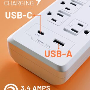 ECHOGEAR PowerBlitz Surge Protector Power Strip with USB-A & USB-C Ports - Low Profile Design with Braided 6' Cord, Flat Plug & 2160 Joules of Multi Outlet Surge Protection - White