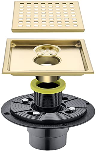 SEABEFORE 6-inch Brushed Stainless Square Shower Floor Drain Kit with Tile Insert Grate Removable Multipurpose Invisible Look or Flat Cover, with Threaded Adapter