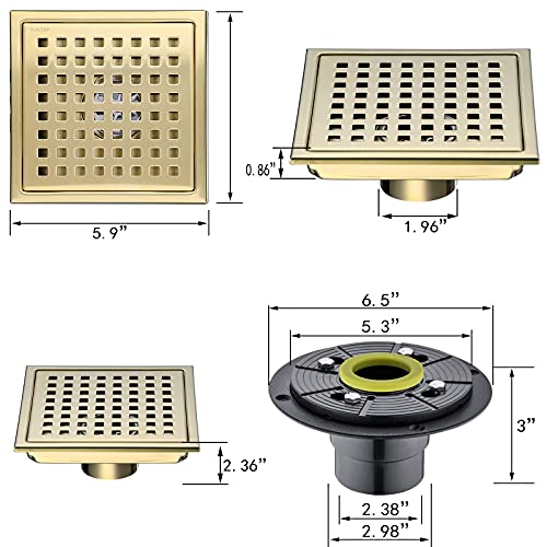 SEABEFORE 6-inch Brushed Stainless Square Shower Floor Drain Kit with Tile Insert Grate Removable Multipurpose Invisible Look or Flat Cover, with Threaded Adapter