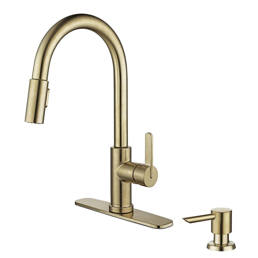 Glacier Bay Paulina Single-Handle Pull-Down Sprayer Kitchen Faucet with TurboSpray & FastMount Includes Soap Dispenser in Matte Gold, HD67780-104405