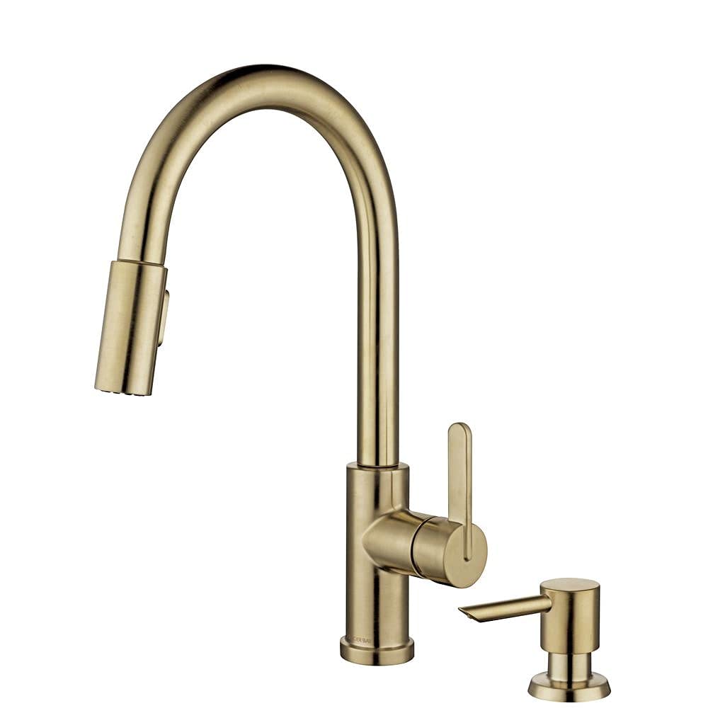 Glacier Bay Paulina Single-Handle Pull-Down Sprayer Kitchen Faucet with TurboSpray & FastMount Includes Soap Dispenser in Matte Gold, HD67780-104405