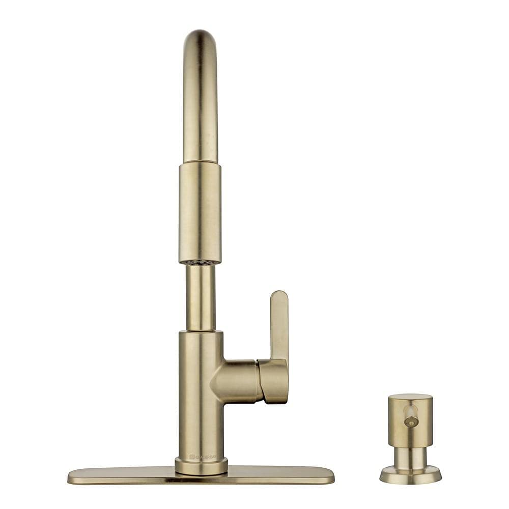 Glacier Bay Paulina Single-Handle Pull-Down Sprayer Kitchen Faucet with TurboSpray & FastMount Includes Soap Dispenser in Matte Gold, HD67780-104405