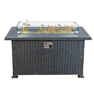 kozyard outdoor patio propane gas fire pit table - 50,000 btu wicker design with aluminum tabletop, glass wind guard, clear glass rocks, and slide out tank holder - ideal patio fire table (gray)