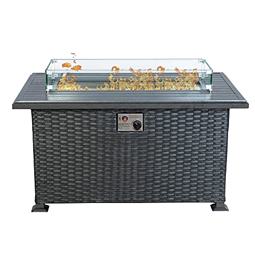 Kozyard Outdoor Patio Propane Gas Fire Pit Table - 50,000 BTU Wicker Design with Aluminum Tabletop, Glass Wind Guard, Clear Glass Rocks, and Slide Out Tank Holder - Ideal Patio Fire Table (Gray)