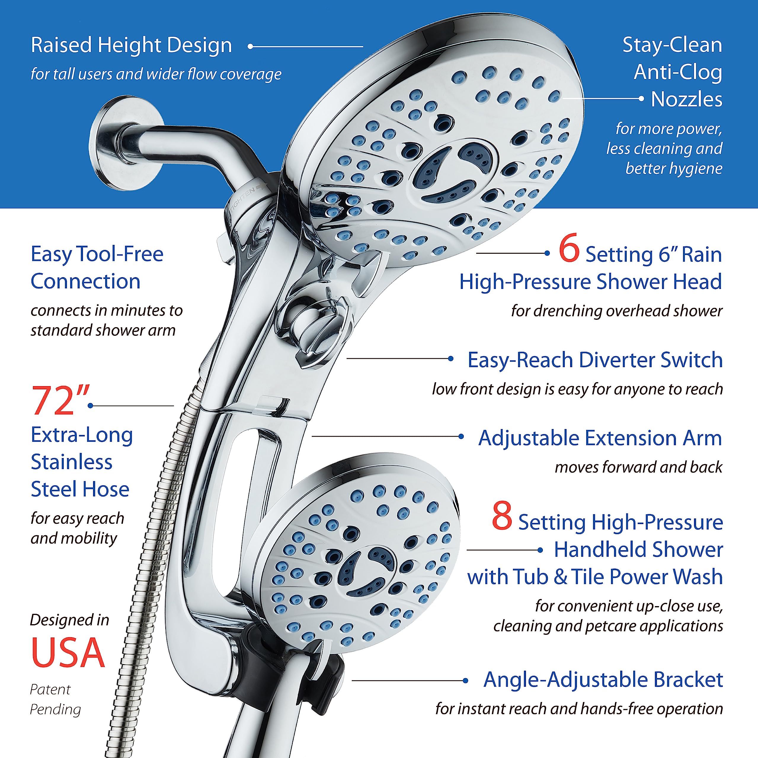 AquaCare As-Seen-On-TV High Pressure Handheld/Rain 50-mode 3-way Shower Head Combo with Adjustable Arm - Anti-clog Nozzles, Tub & Pet Power Wash, 6 ft. Stainless Steel Hose, All Chrome Finish